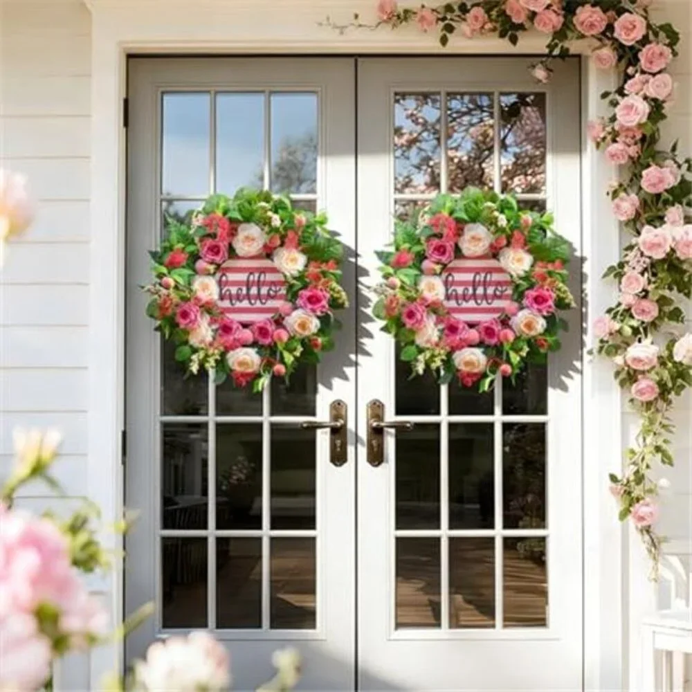 Spring Wreath Peony & Rose Floral Summer Wreath with Pink Peach, 24 Inch